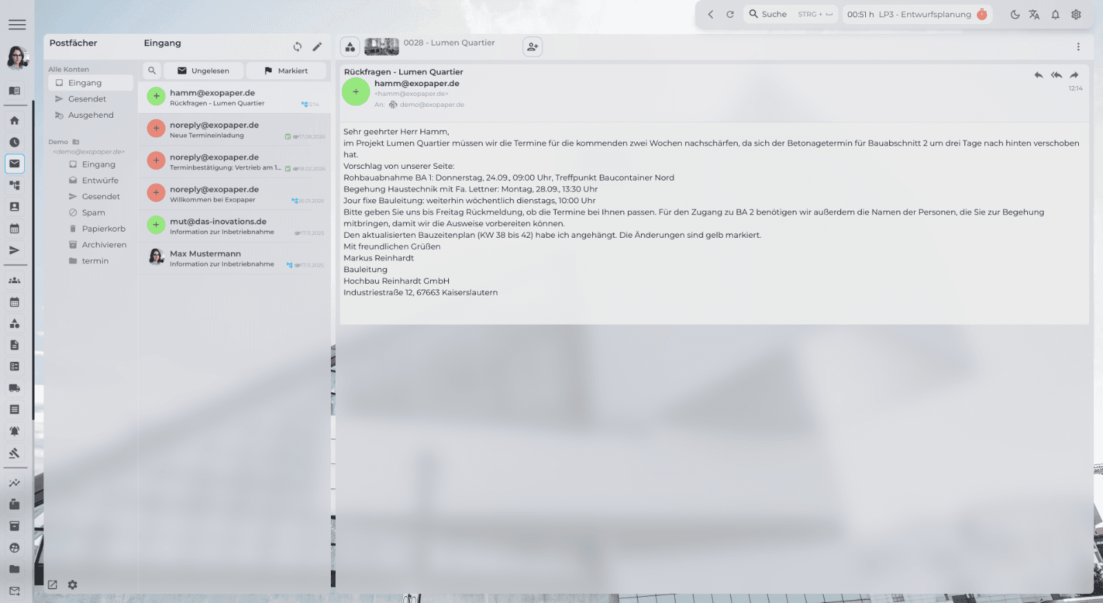 ExoPaper E-Mails: Hauptansicht des Moduls