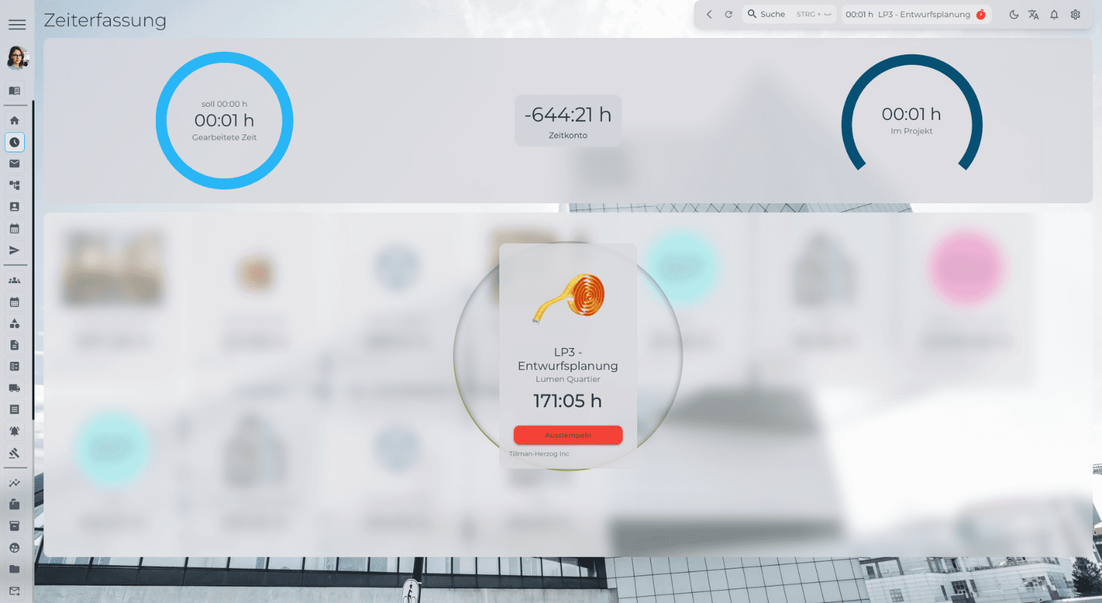 ExoPaper Zeiterfassung: laufender Timer auf dem Projekt Lumen Quartier