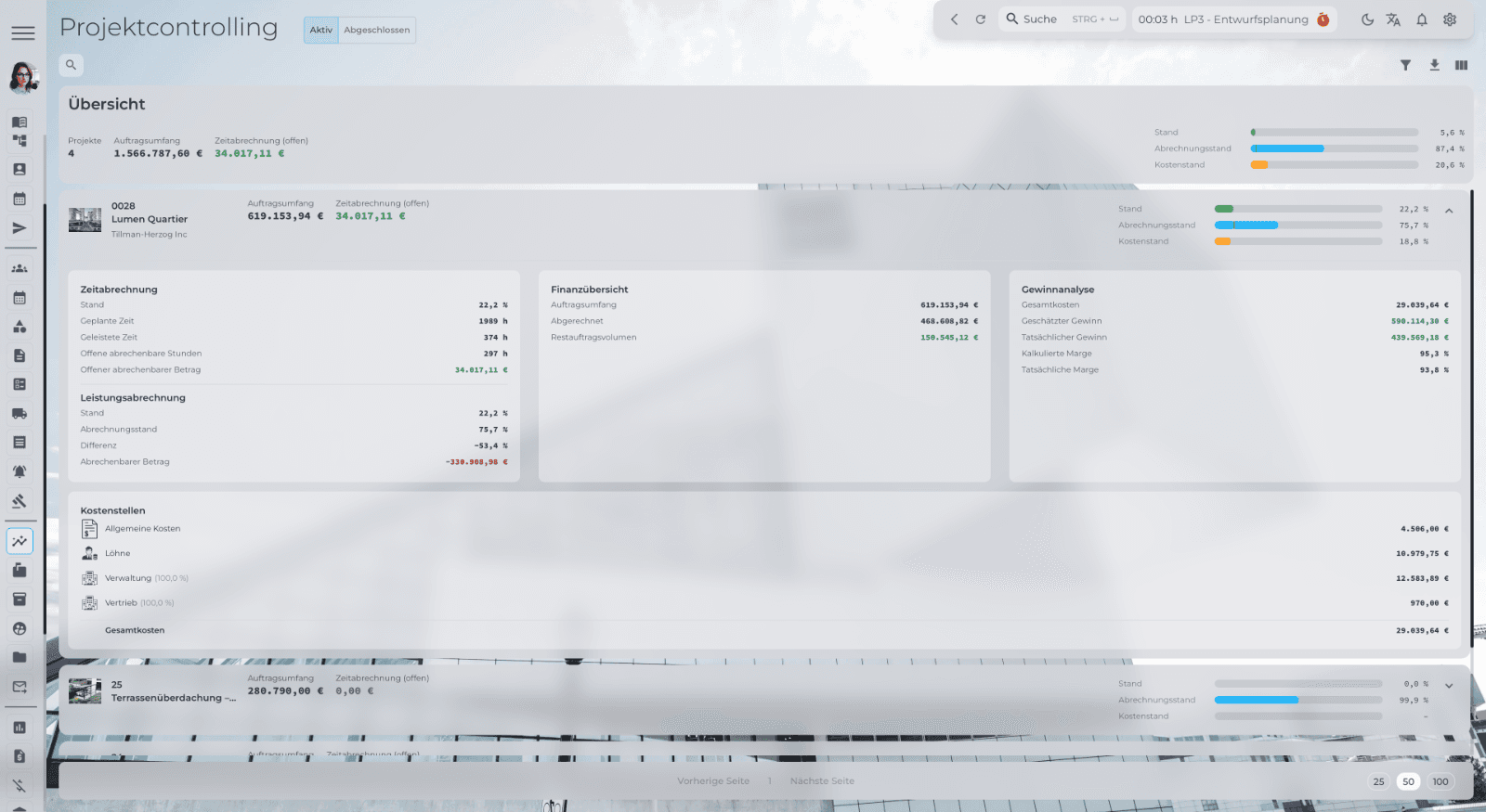 ExoPaper Projektcontrolling: Auftragsumfang, Abrechnungsstand und Kostenstand