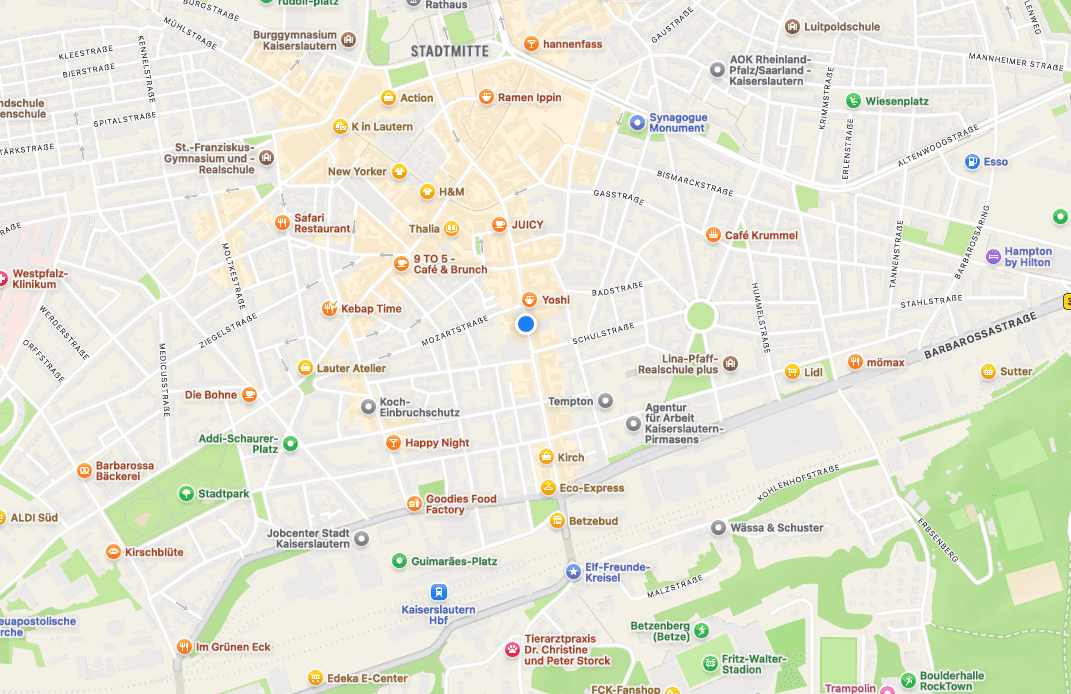 Stadtplan der Kaiserslauterer Innenstadt mit dem ExoPaper-Standort in der Eisenbahnstraße